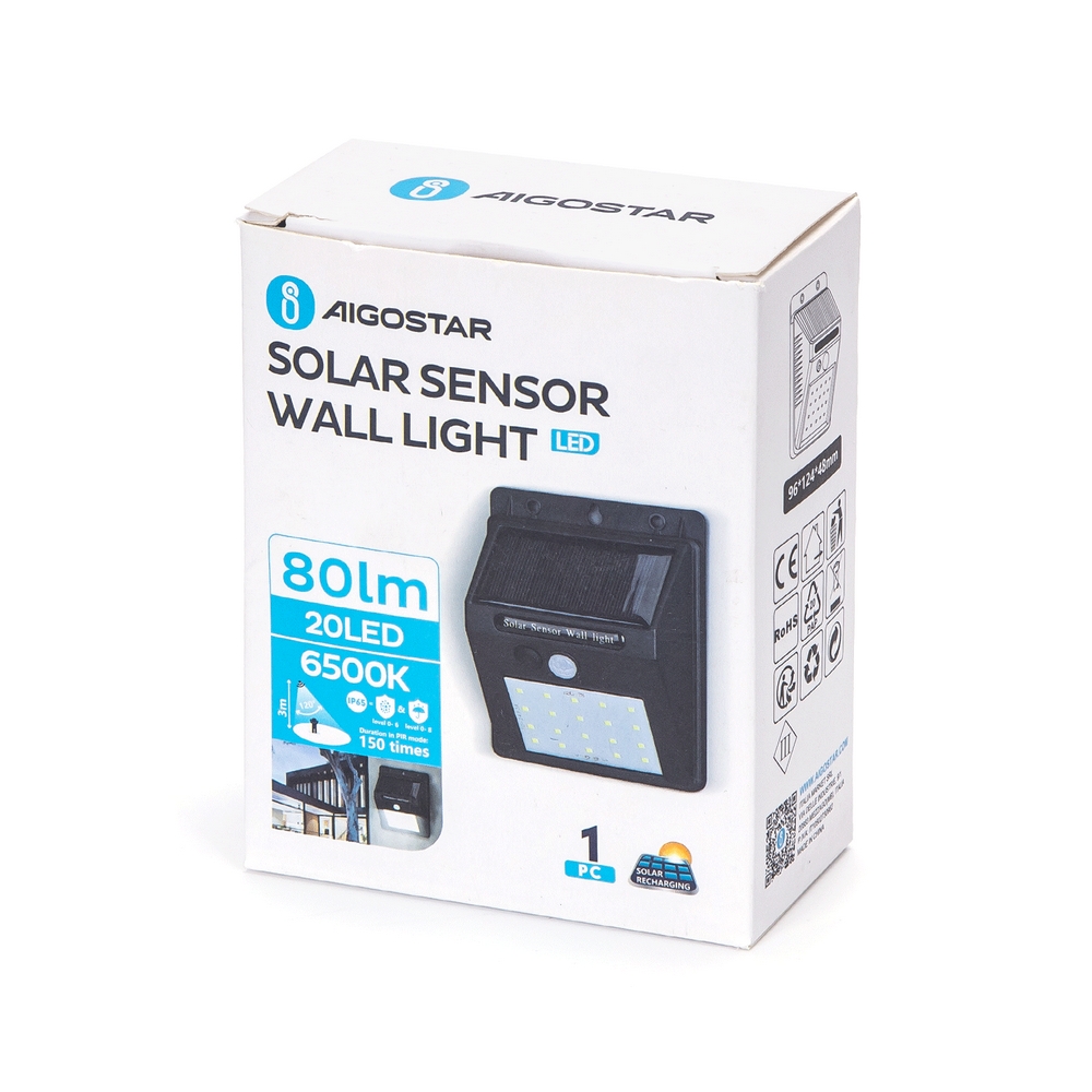 Applique 20 Led 0,33W Nero con pannello solare IP65 Bianco freddo 6500K con sensore crepuscolare e di movimento Aigostar - Foto 3