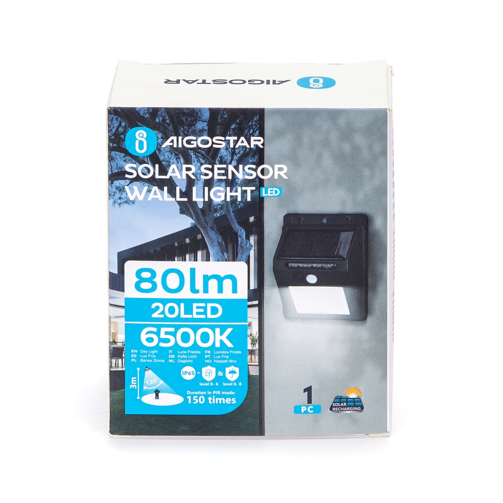 Applique 20 Led 0,33W Nero con pannello solare IP65 Bianco freddo 6500K con sensore crepuscolare e di movimento Aigostar - Foto 4