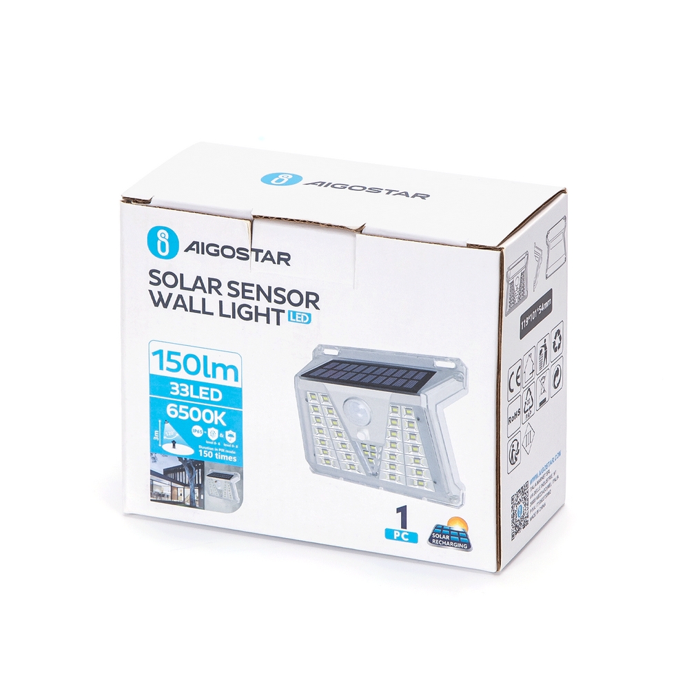 Applique 33 Led 0,35W Bianco con pannello solare IP65 Bianco freddo 6500K con sensore crepuscolare e di movimento Aigostar - Foto 3