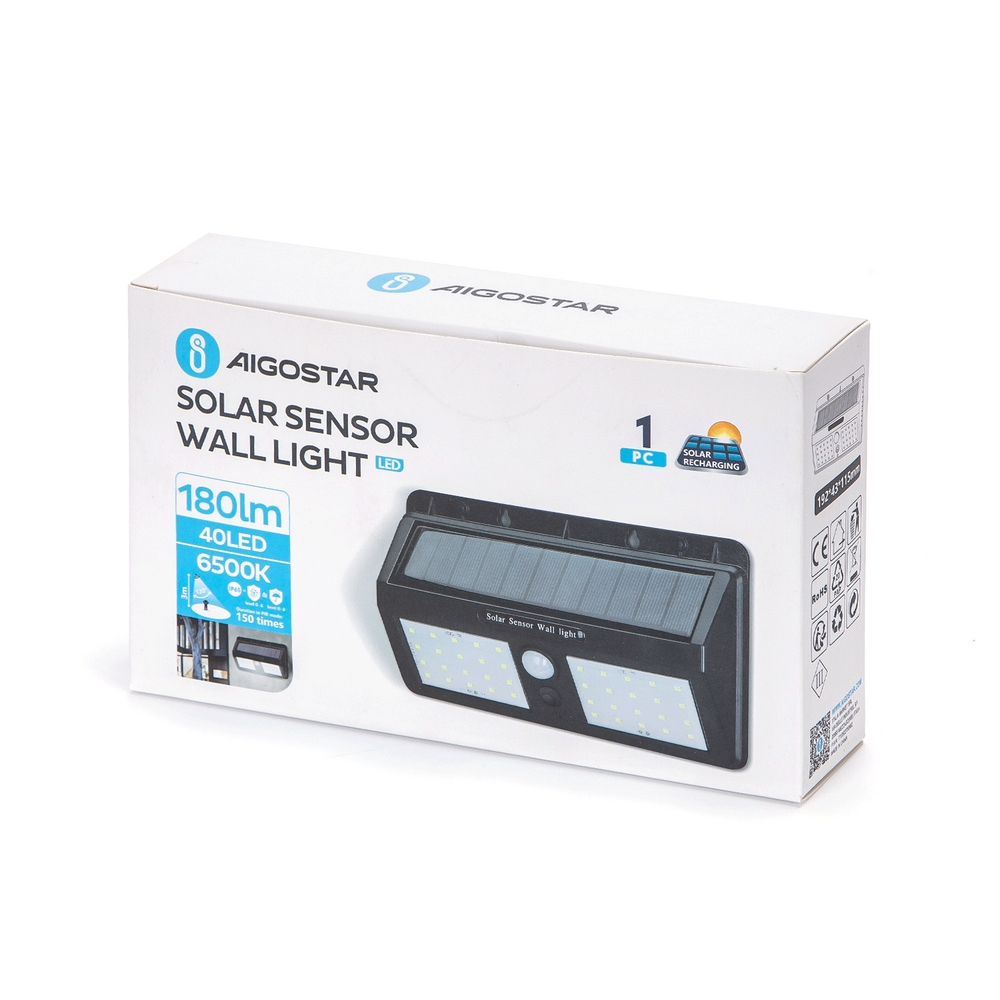 Applique 40 Led 0,72W Nero con pannello solare IP65 Bianco freddo 6500K con sensore crepuscolare e di movimento Aigostar - Foto 3