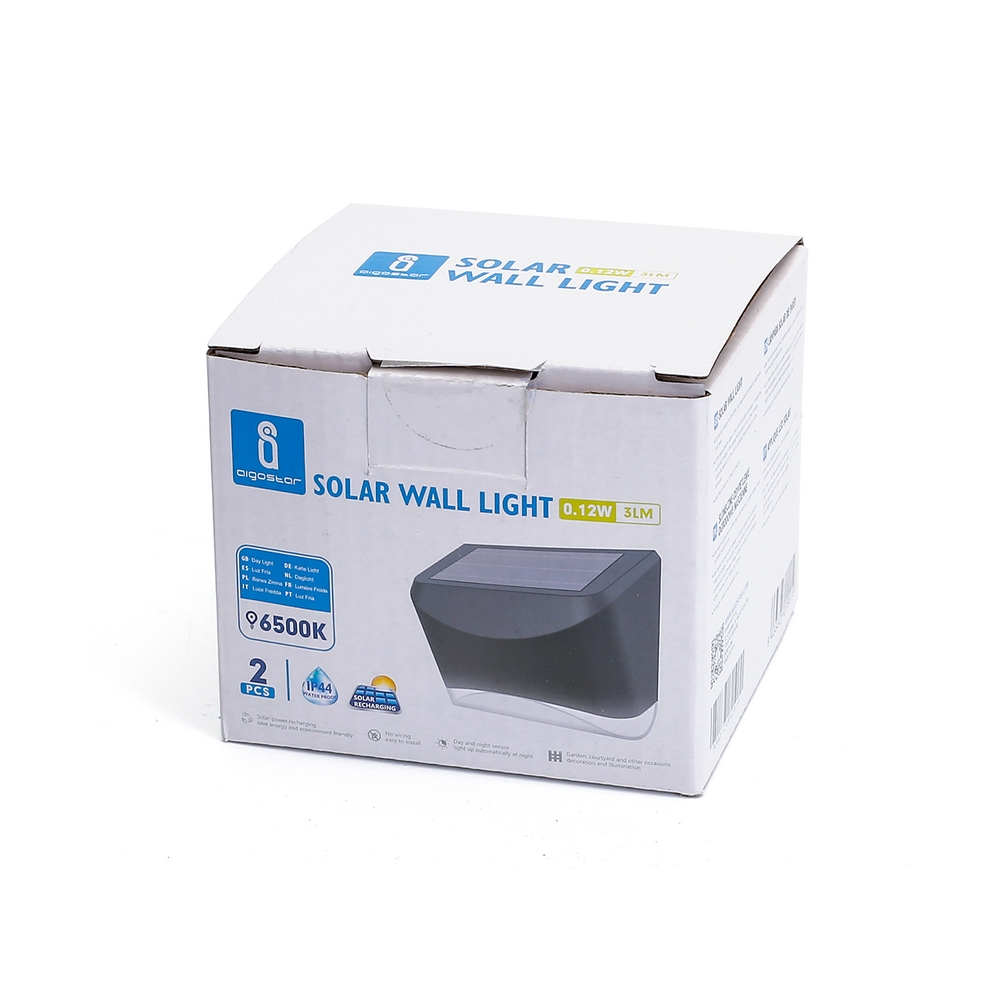 Applique Led 0,12W Nero con pannello solare IP44 Bianco freddo 6500K con sensore crepuscolare Confezione 2pz Aigostar - Foto 3