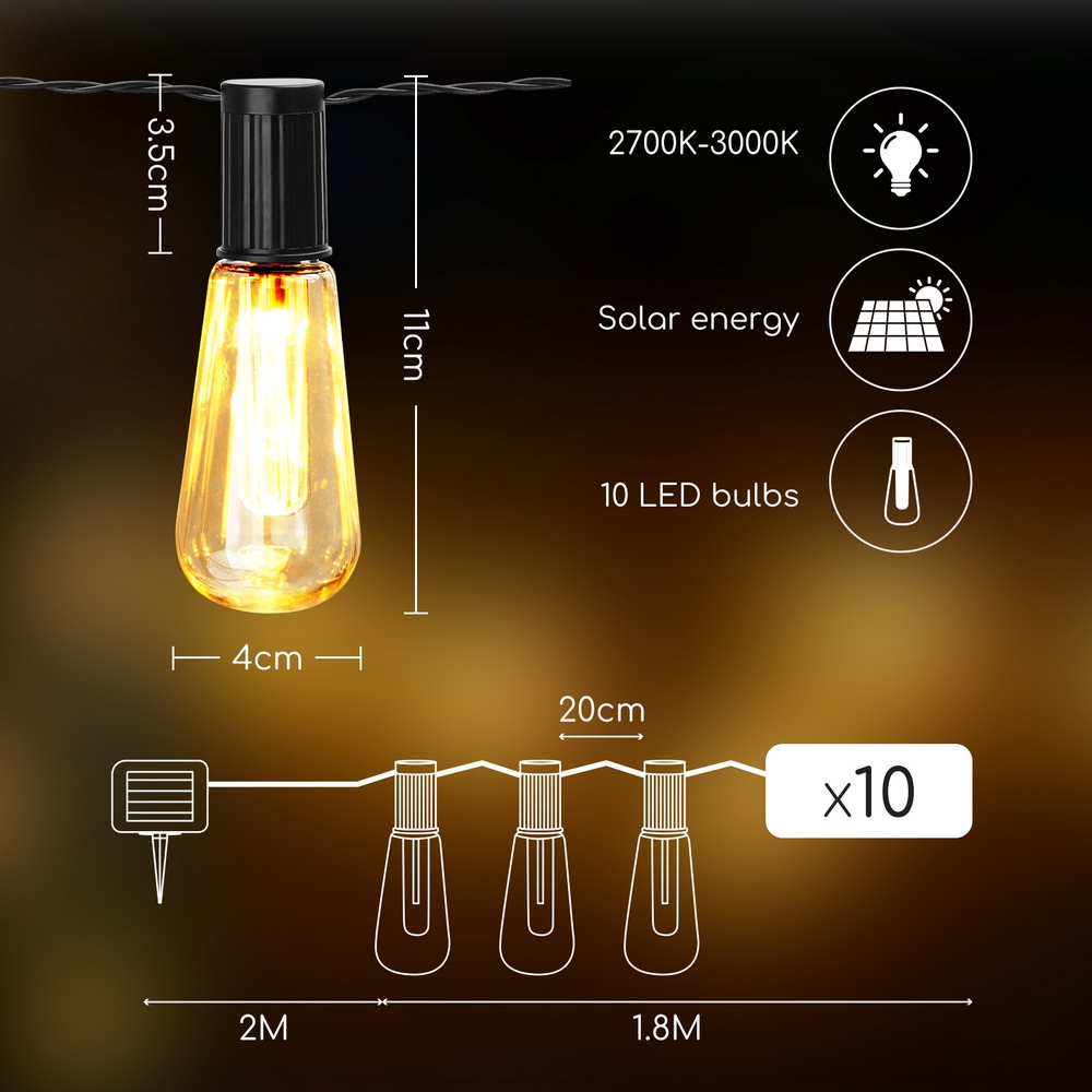 Catena luminosa a Led decorativa a energia solare 3,8 metri 10 lampadine trasparenti Bianco caldo Aigostar - Foto 7