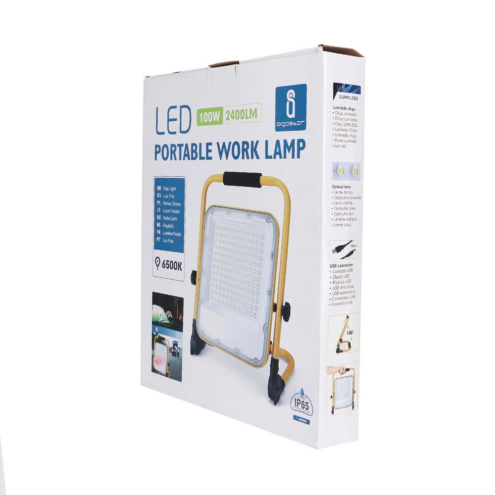 Faro Led da lavoro portatile 100W Nero e giallo Alimentazione a batteria IP65 Bianco freddo 6500K Dimmerabile Aigostar - Foto 3