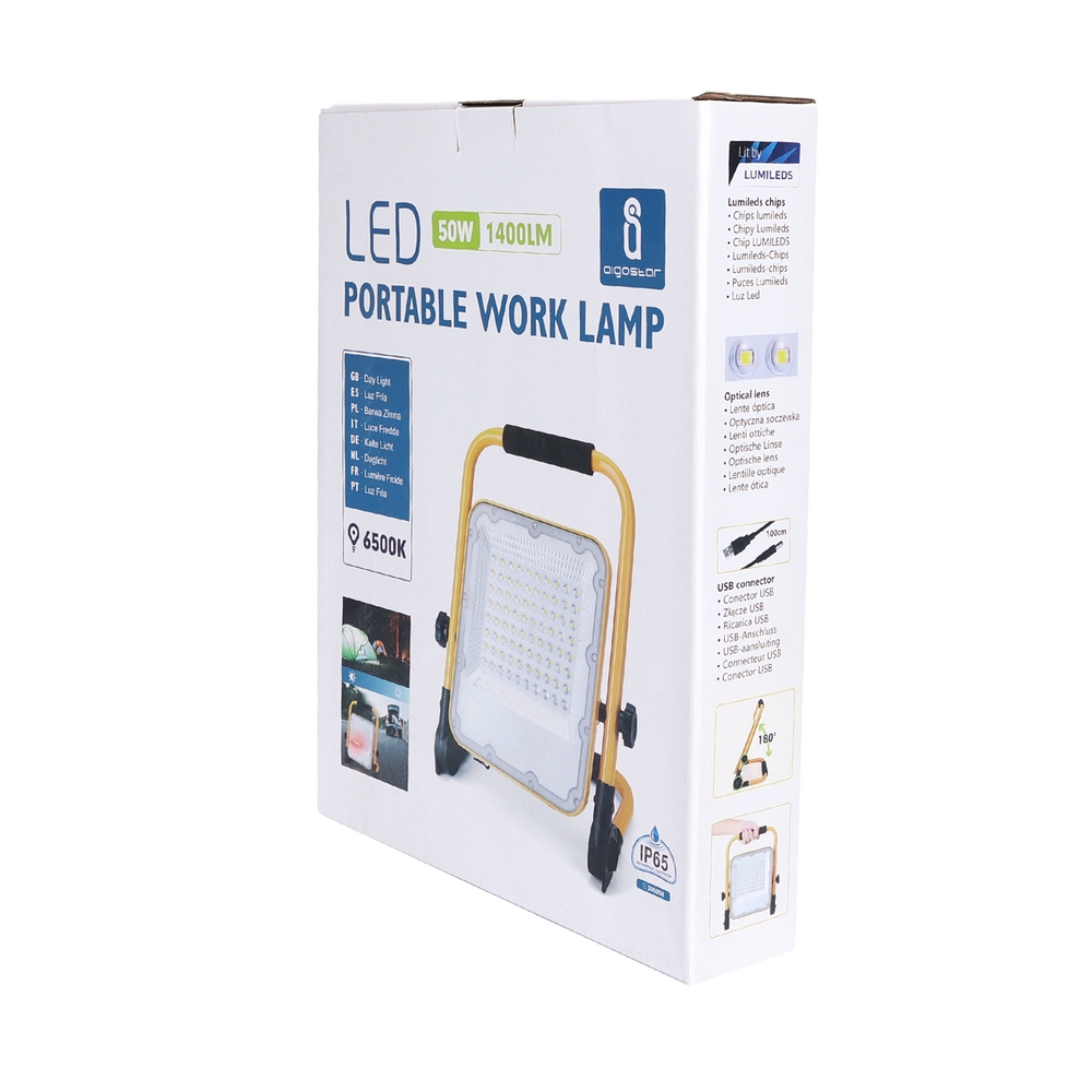 Faro Led da lavoro portatile 50W Nero e giallo Alimentazione a batteria IP65 Bianco freddo 6500K Dimmerabile Aigostar - Foto 3
