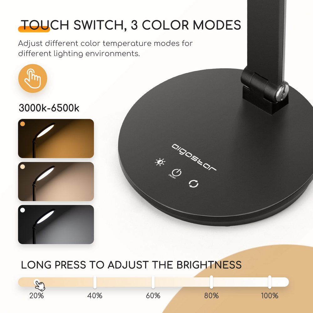 Lampada da tavolo Led Circle Nera 8W con ricarica USB Dimmerabile con temperatura colore regolabile Aigostar - Foto 4