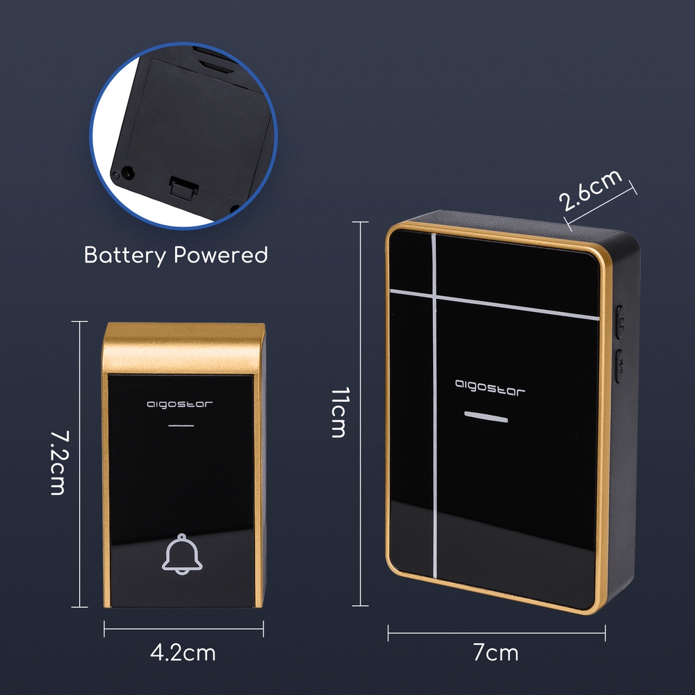Campanello senza fili Aigostar da esterno a batteria 1 pulsante e 2 riceventi colore nero e oro - Foto 5