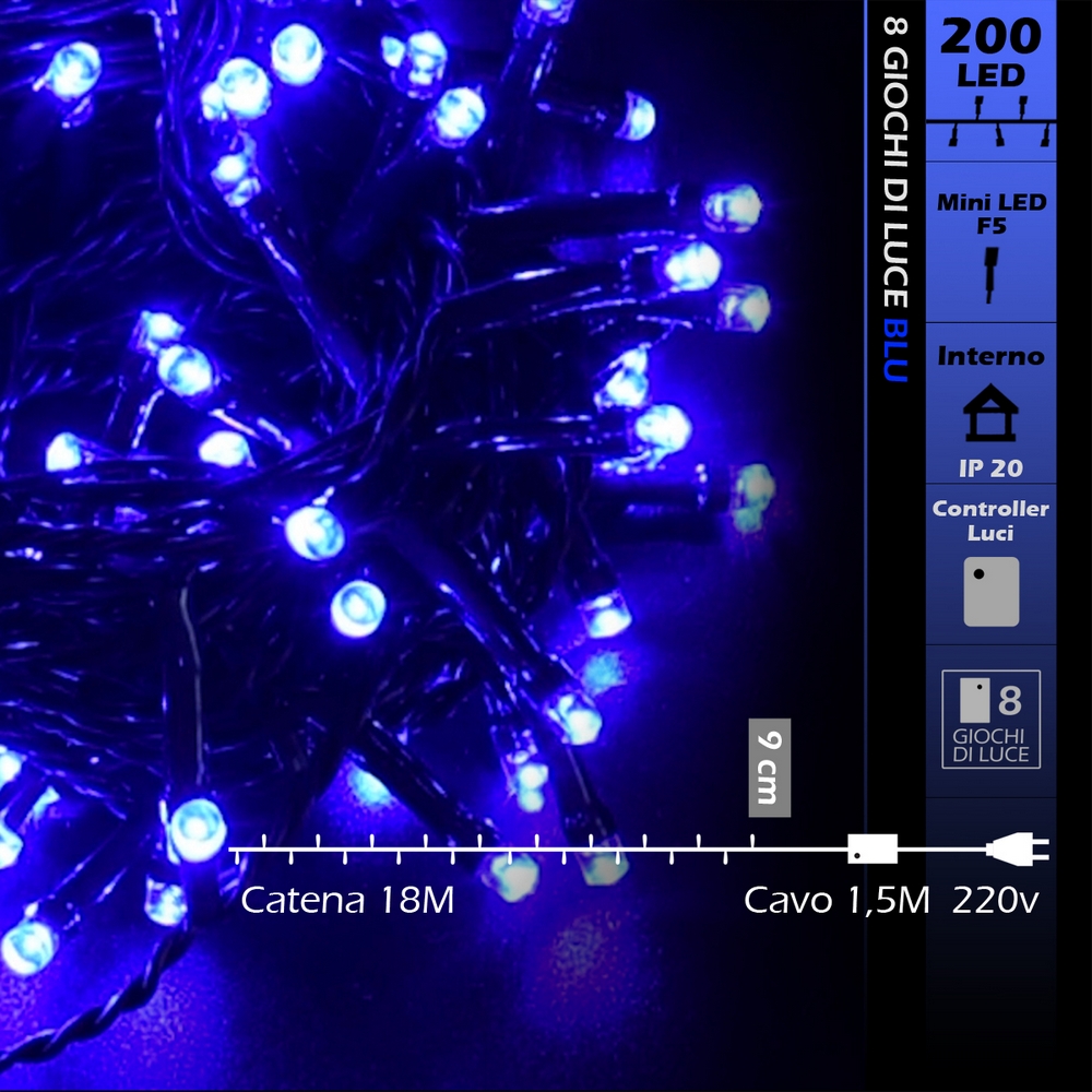 Catena di luci 15 metri da 200 Led Blu con cavo verde Wisdom - Foto 7