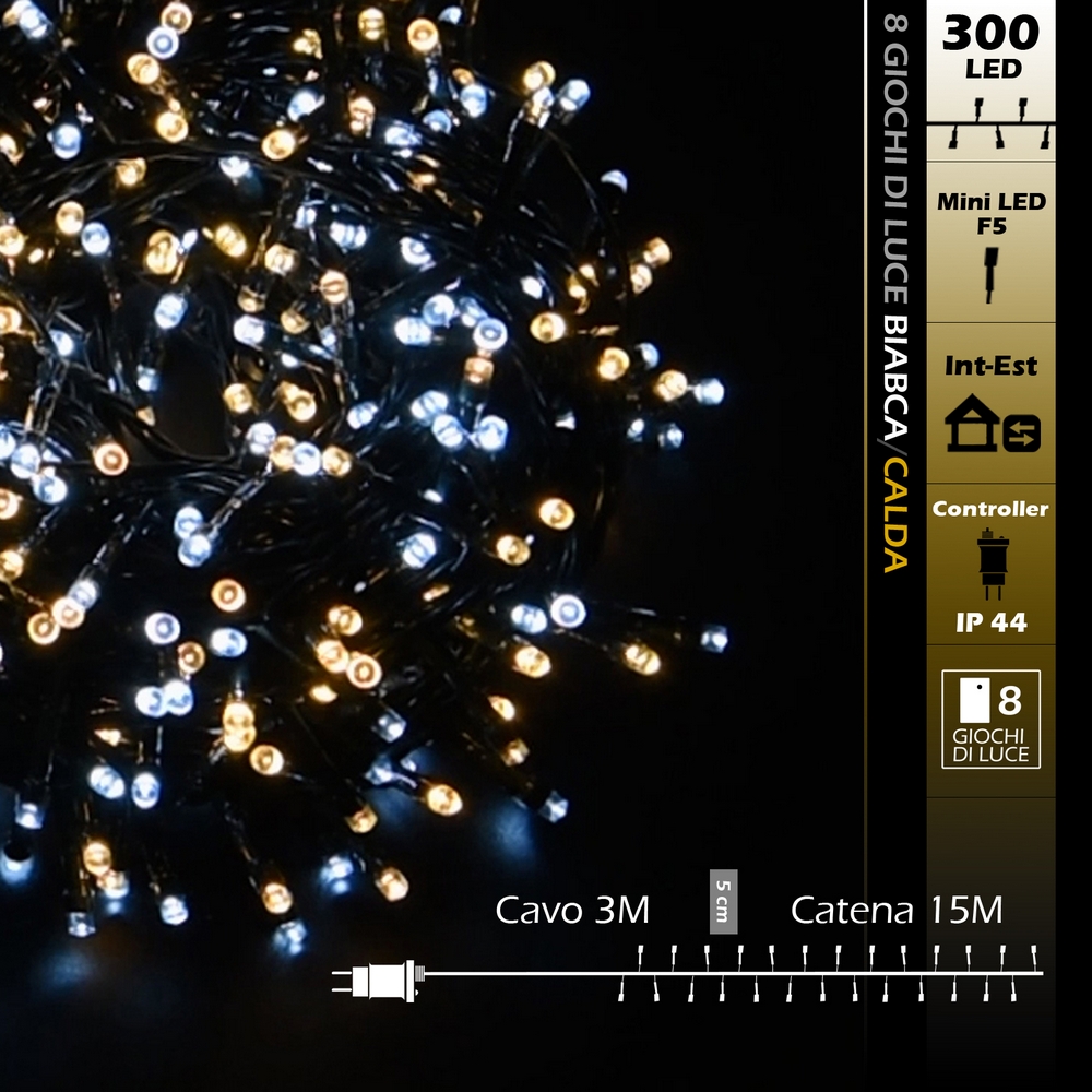 Catena di luci 15 metri da 300 Led Bianco Freddo e Bianco Caldo con cavo verde Wisdom - Foto 7