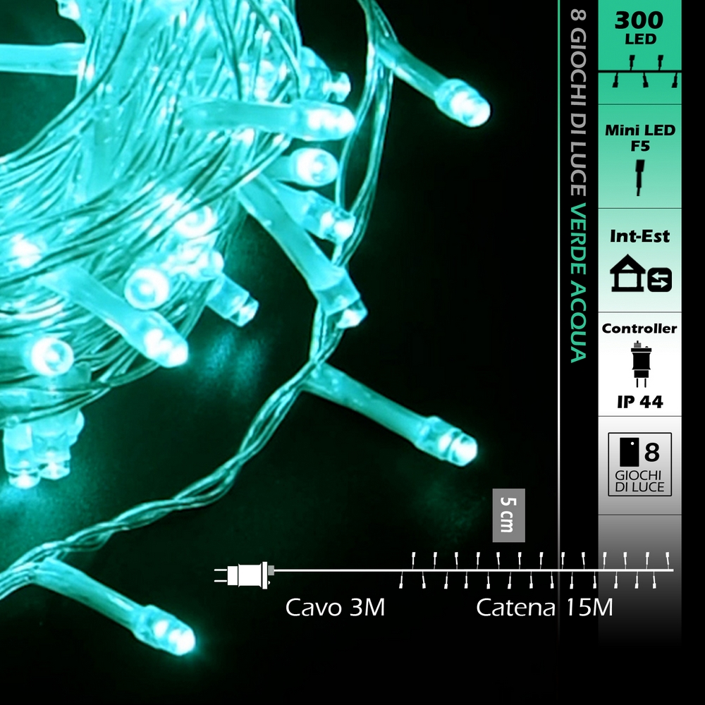 Catena di luci 15 metri da 300 Led Verde Tiffany con cavo trasparente Wisdom - Foto 7