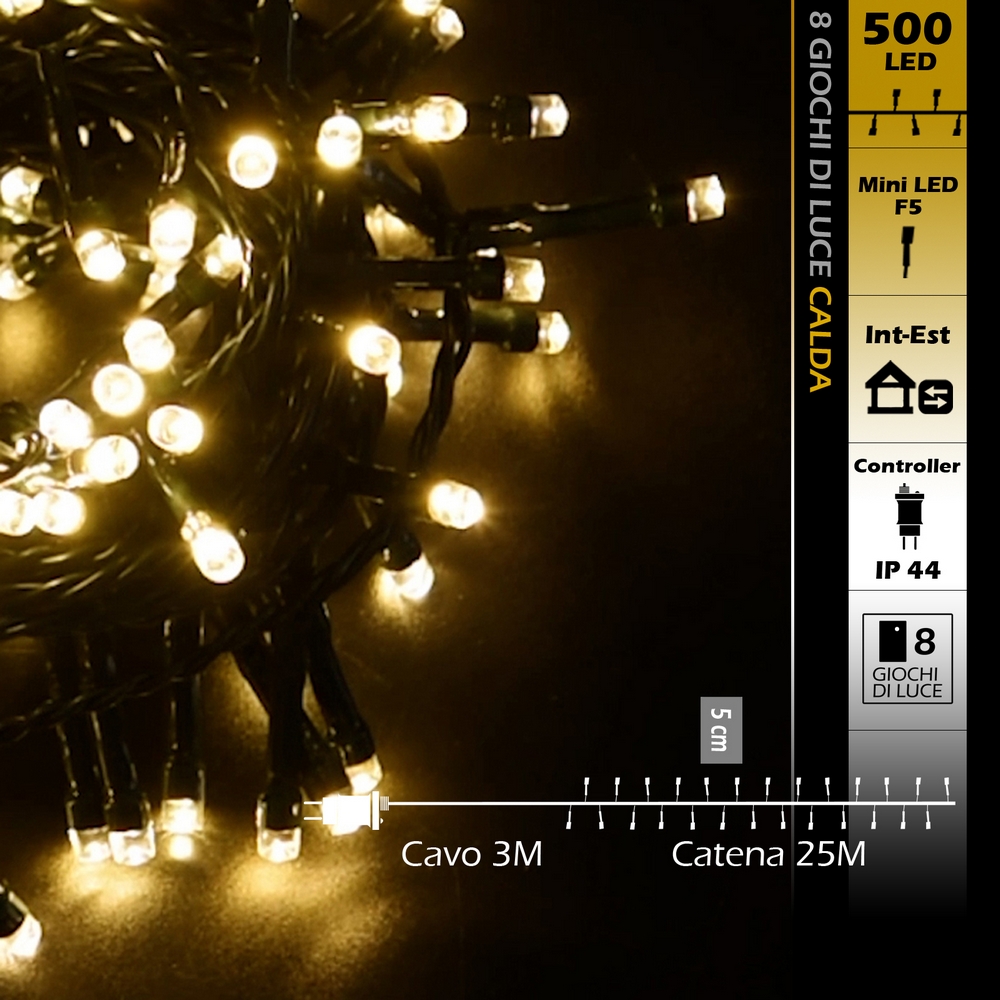 Catena di luci 25 metri da 500 Led Bianco Caldo con cavo verde Wisdom - Foto 7