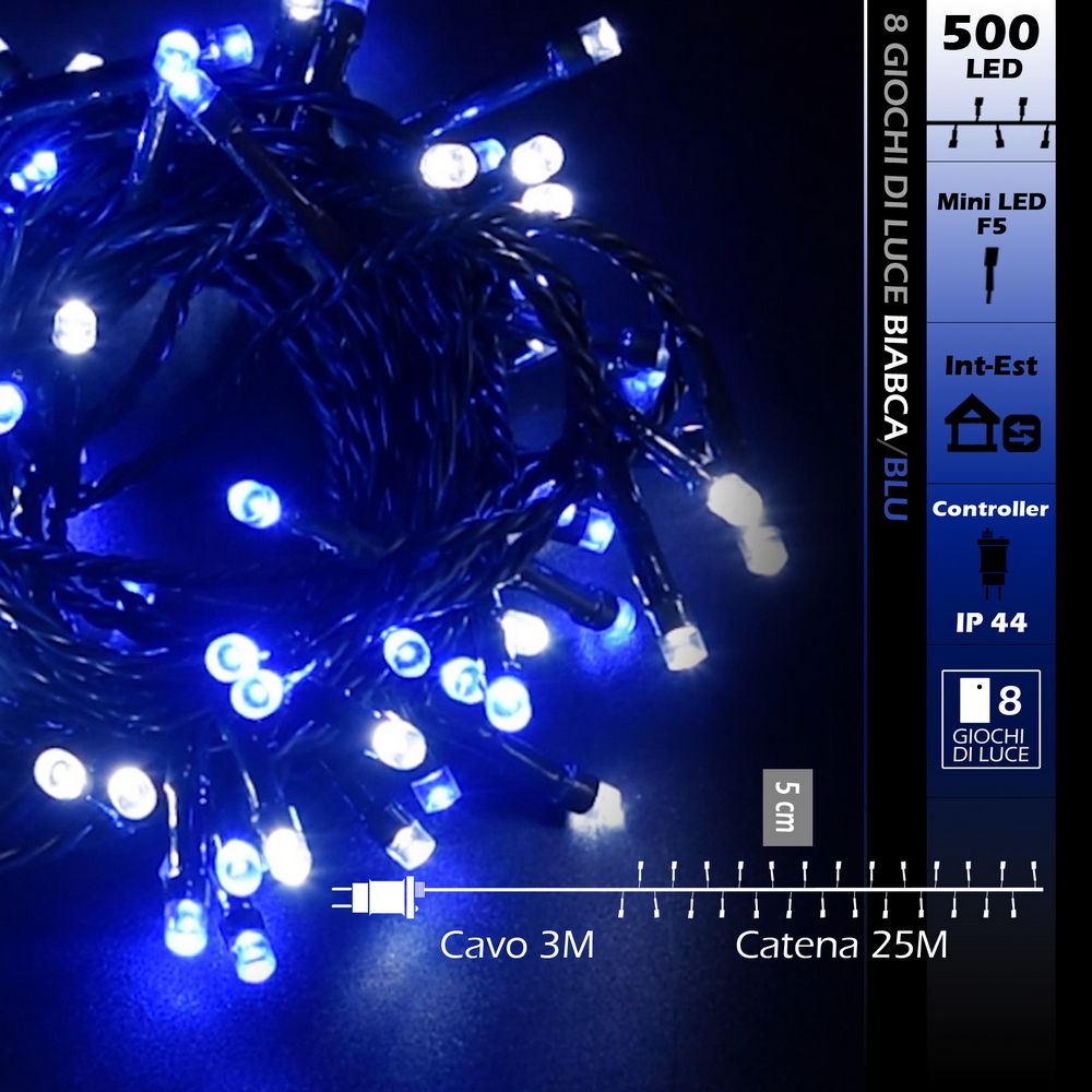 Catena di luci 25 metri da 500 Led Bianco Freddo e Blu con cavo verde Wisdom - Foto 7