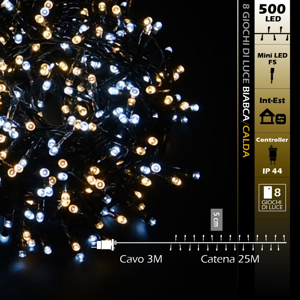 Catena di luci 25 metri da 500 Led Bianco Freddo e Caldo con cavo verde Wisdom - Foto 7