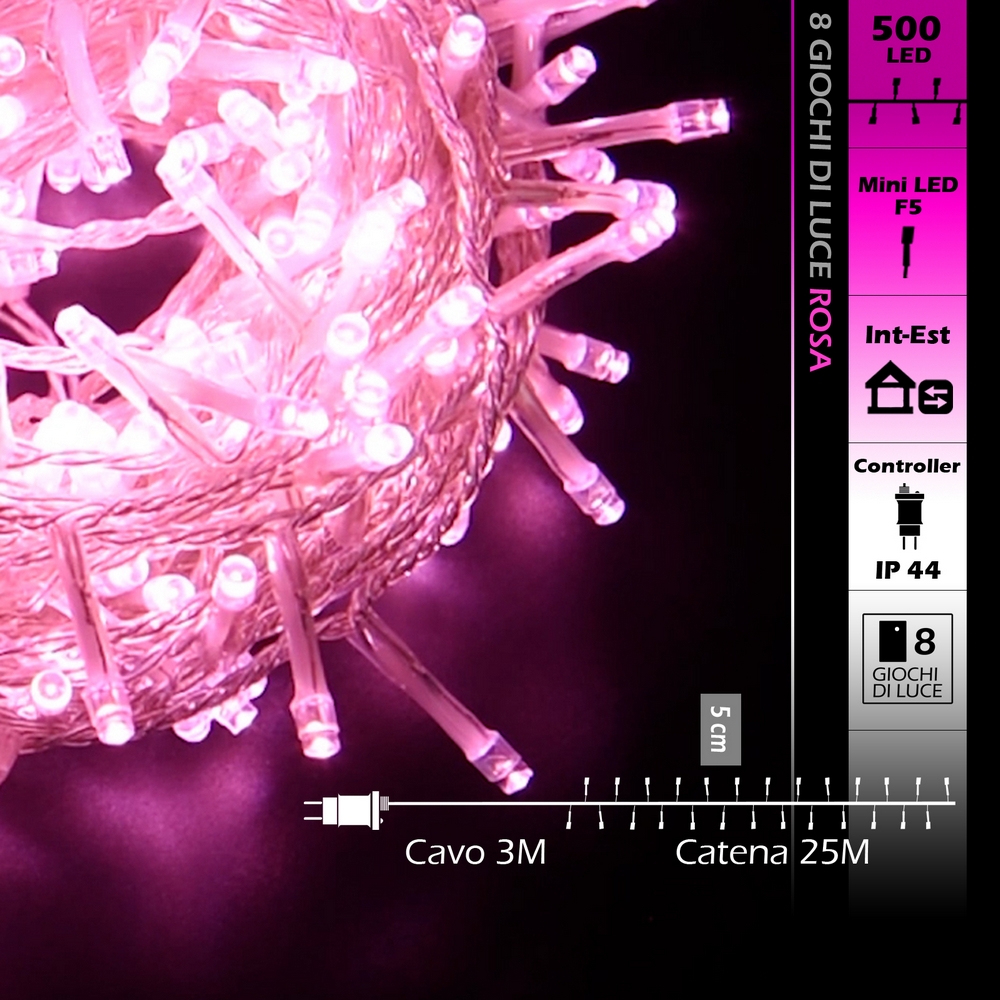 Catena di luci 25 metri da 500 Led Rosa con cavo trasparente Wisdom - Foto 7