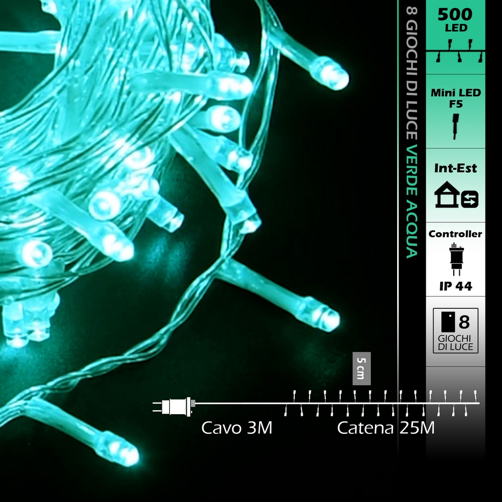 Catena di luci 25 metri da 500 Led Verde Tiffany con cavo trasparente Wisdom - Foto 7