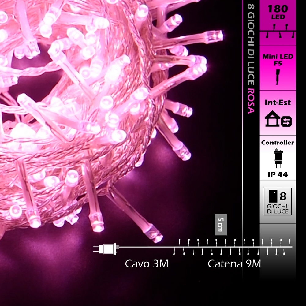 Catena di luci 9 metri da 180 Led Rosa con cavo trasparente Wisdom - Foto 7