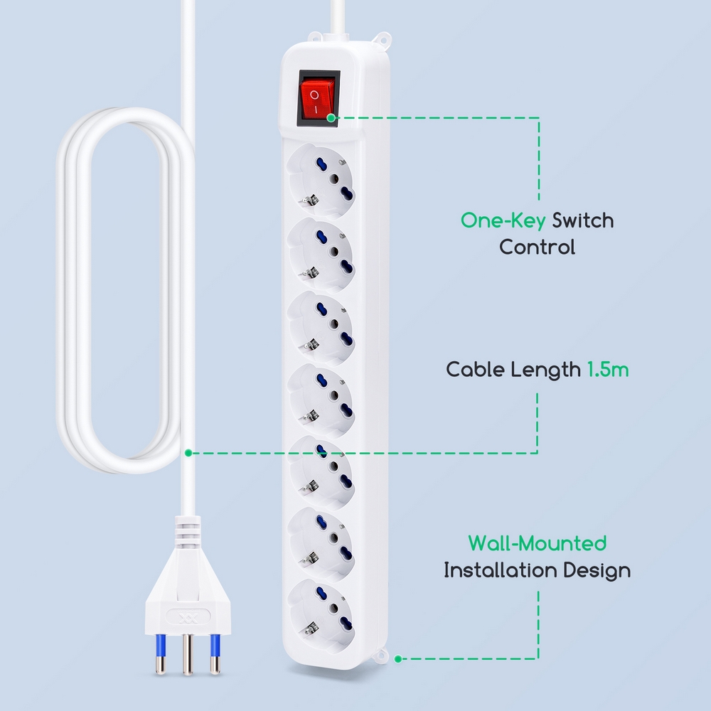 Ciabatta multipresa elettrica 7 posti con cavo da 5m – 7 Prese Schuko+Bipasso Aigostar - Foto 1