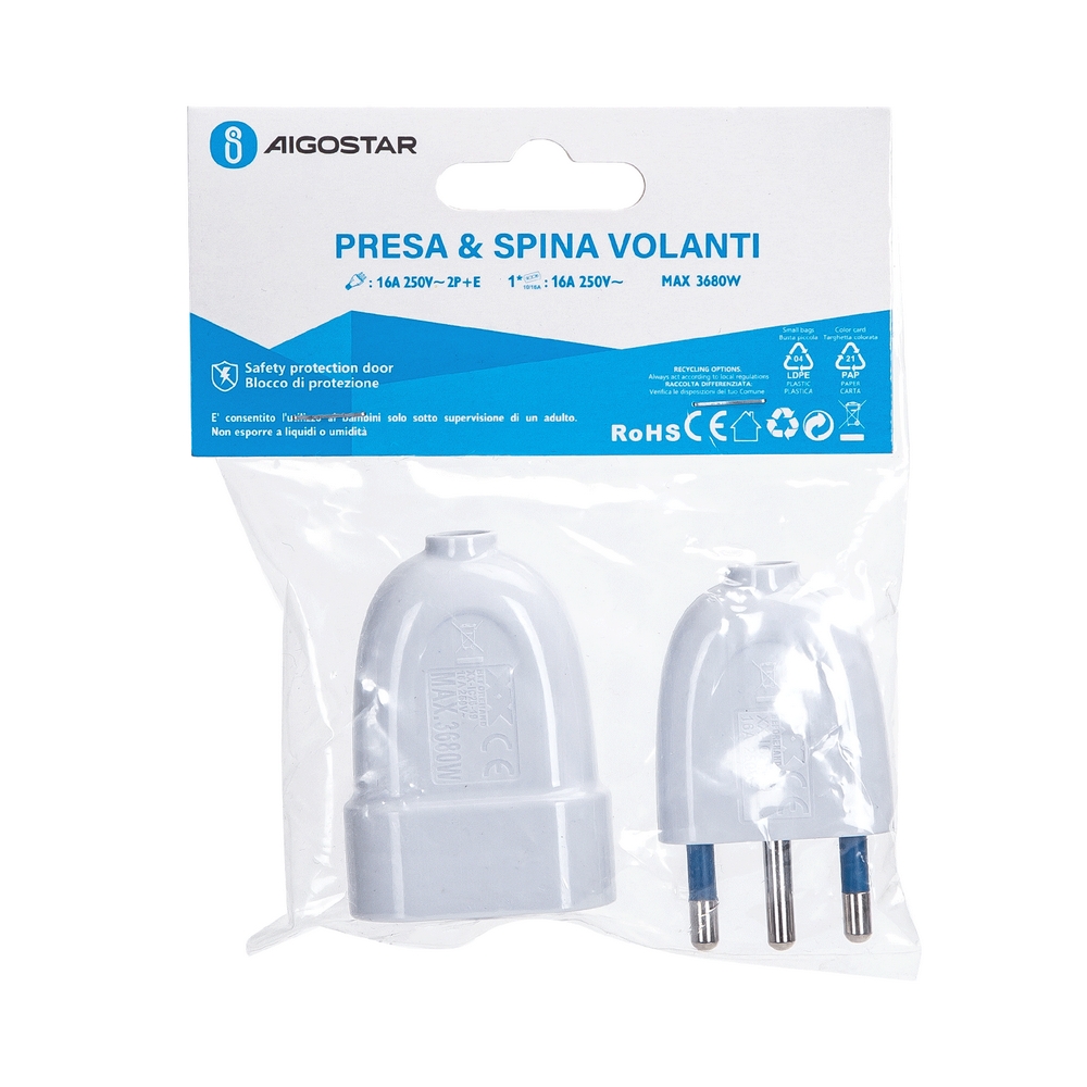 Kit Spina Volante 16A + Presa Bipasso 250v bianca Aigostar - Foto 1