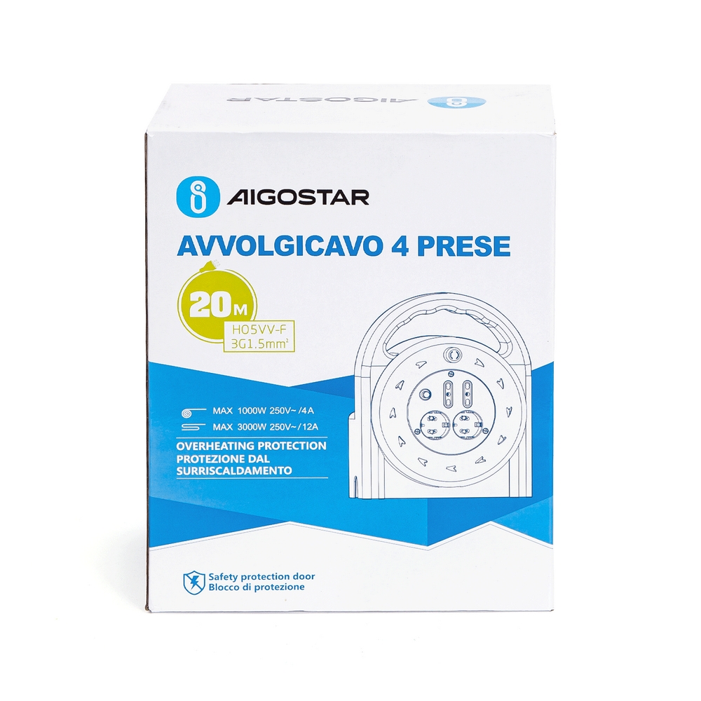 Prolunga avvolgicavo elettrica 4 posti con cavo da 20m – 2 Prese Bipasso + 2 Prese Schuko Aigostar - Foto 1