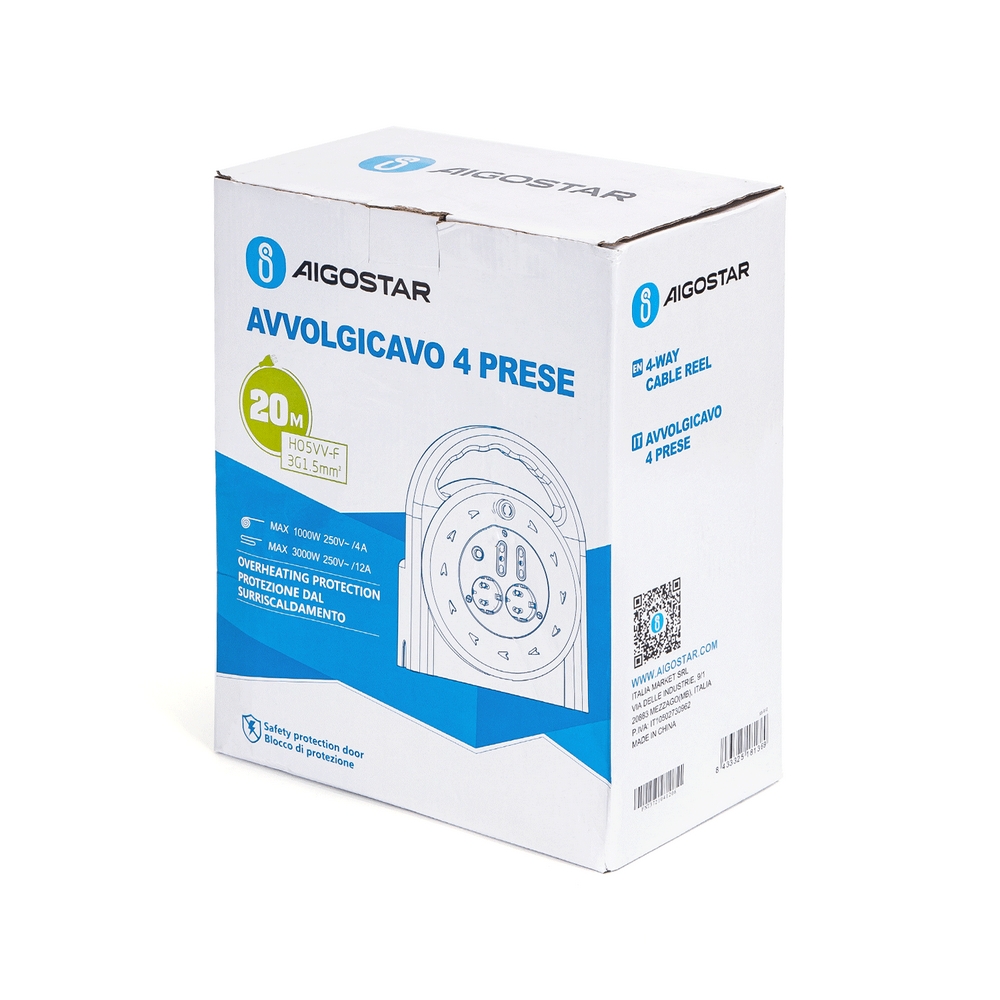 Prolunga avvolgicavo elettrica 4 posti con cavo da 20m – 2 Prese Bipasso + 2 Prese Schuko Aigostar - Foto 2