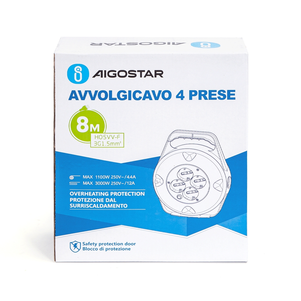 Prolunga avvolgicavo elettrica 4 posti con cavo da 8m – 4 Prese Schuko+Bipasso Aigostar - Foto 1