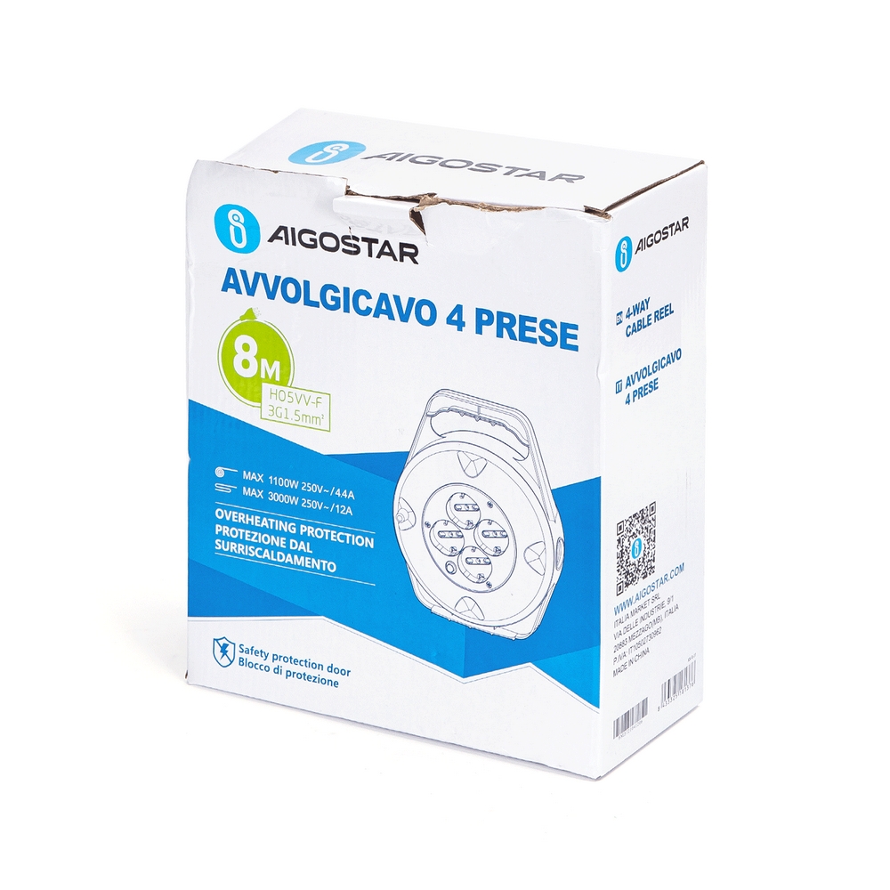 Prolunga avvolgicavo elettrica 4 posti con cavo da 8m – 4 Prese Schuko+Bipasso Aigostar - Foto 2