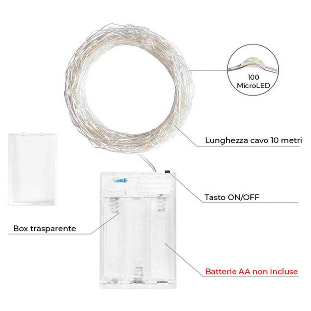 Stringa 10 metri da 100 MicroLed Bianco Freddo a batteria Wisdom - Foto 1