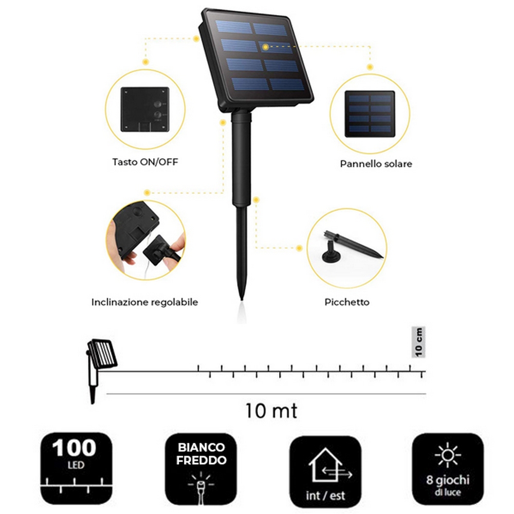 Stringa 10 metri da 100 MicroLed Bianco Freddo con pannello solare Wisdom - Foto 1