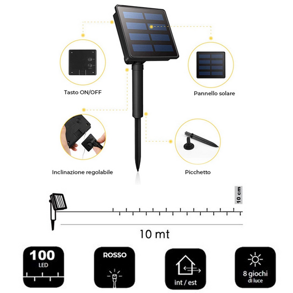 Stringa 10 metri da 100 MicroLed Rosso con pannello solare Wisdom - Foto 1
