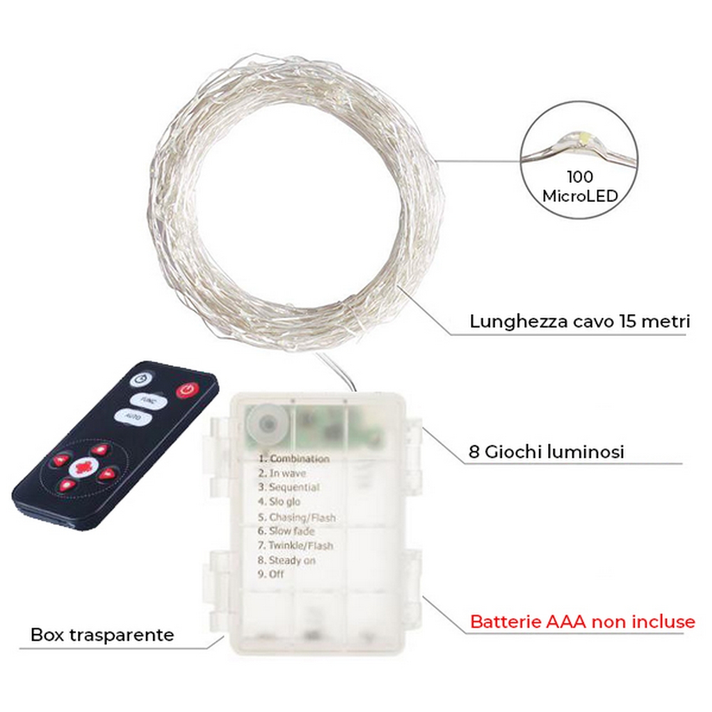 Stringa 15 metri da 150 Microled Bianco Caldo a batteria con telecomando Wisdom - Foto 1