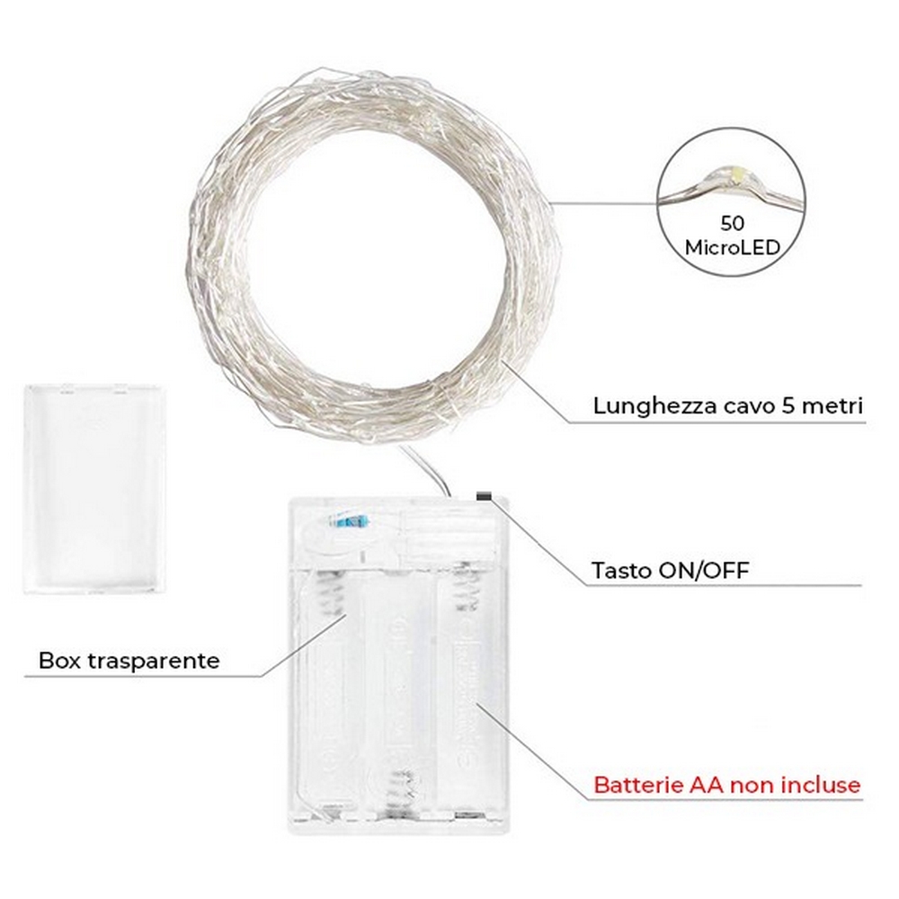 Stringa 5 metri da 50 MicroLed Bianco Freddo a batteria Wisdom - Foto 2