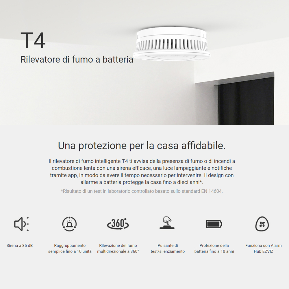 EZVIZ T4 Sensore di fumo a batteria con sirena da interno per sistema A1 A1S - Foto 3
