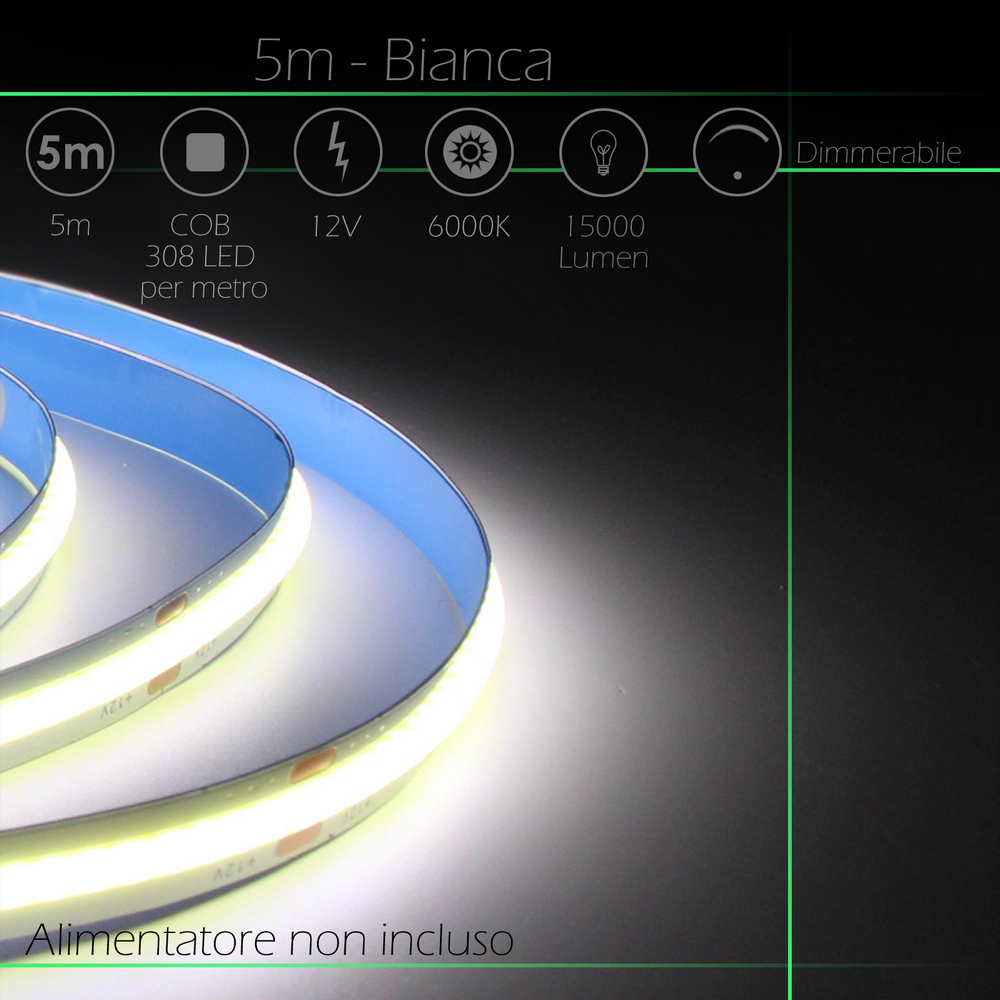 Striscia Led 12V 37W COB 5 metri IP65 Bianco Freddo 6500K Wisdom - Foto 3