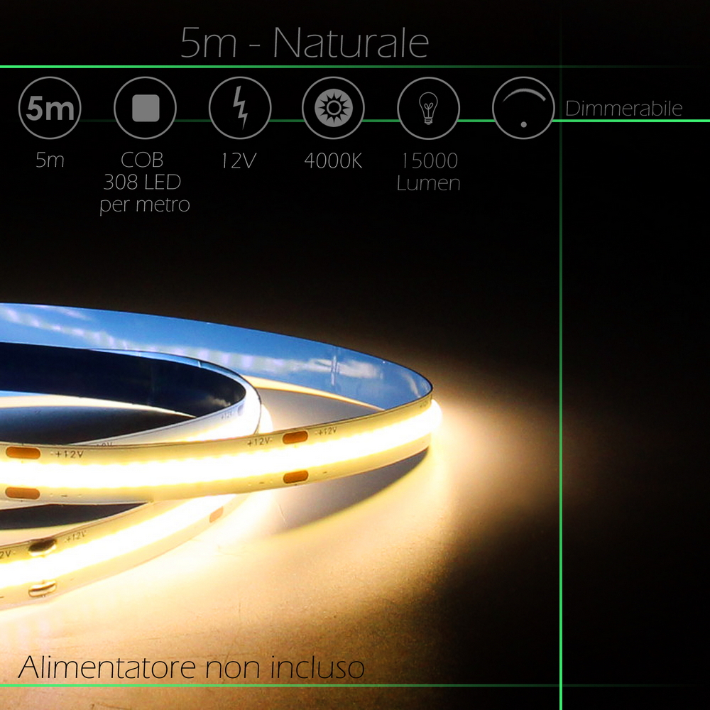 Striscia Led 12V 37W COB 5 metri IP65 Bianco Neutro 4000K Wisdom - Foto 3