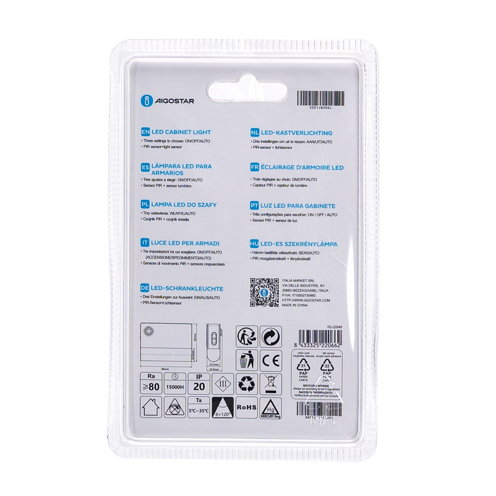 Lampada Led portatile Rettangolare Bianca 0,5W a batteria con sensore crepuscolare e di movimento Bianco caldo 3000K Aigostar - Foto 7