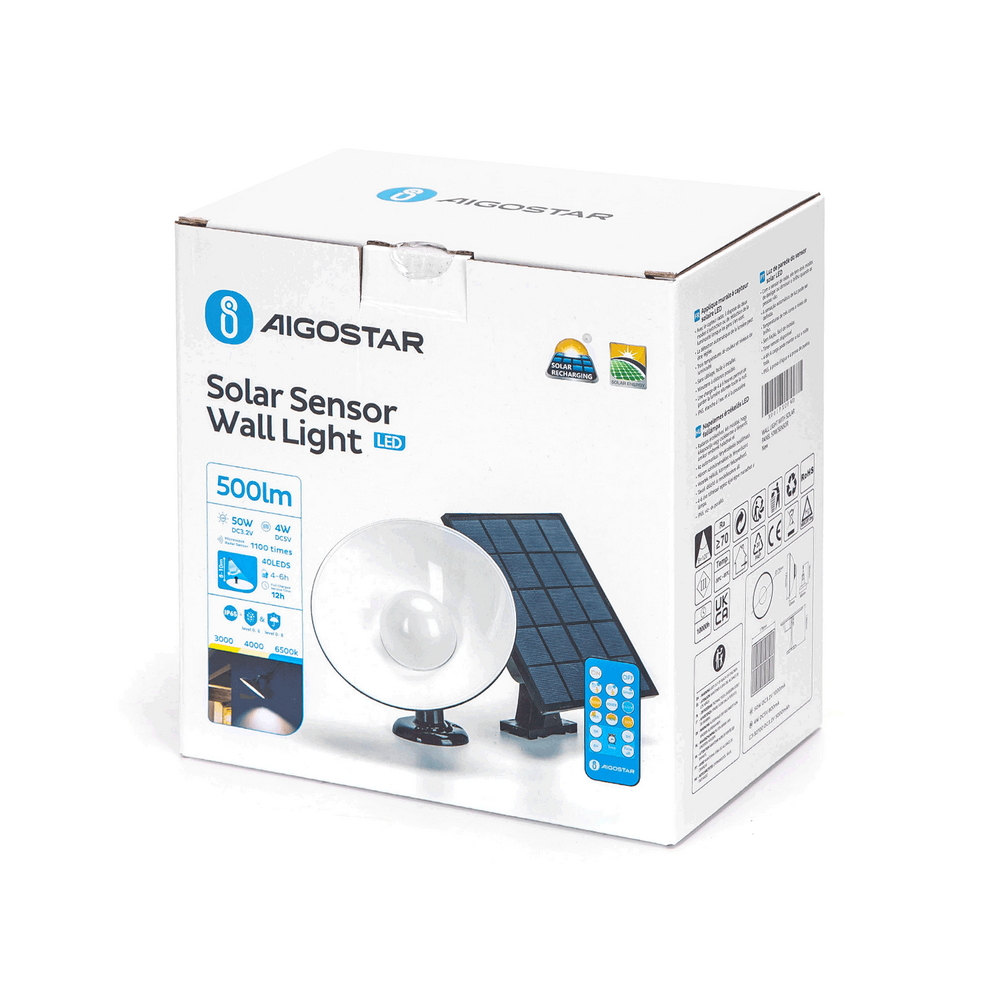 Applique Led da parete 4W Nero con pannello solare e sensore crepuscolare e di movimento IP65 Dimmerabile temperatura colore regolabile con telecomando Aigostar - Foto 4