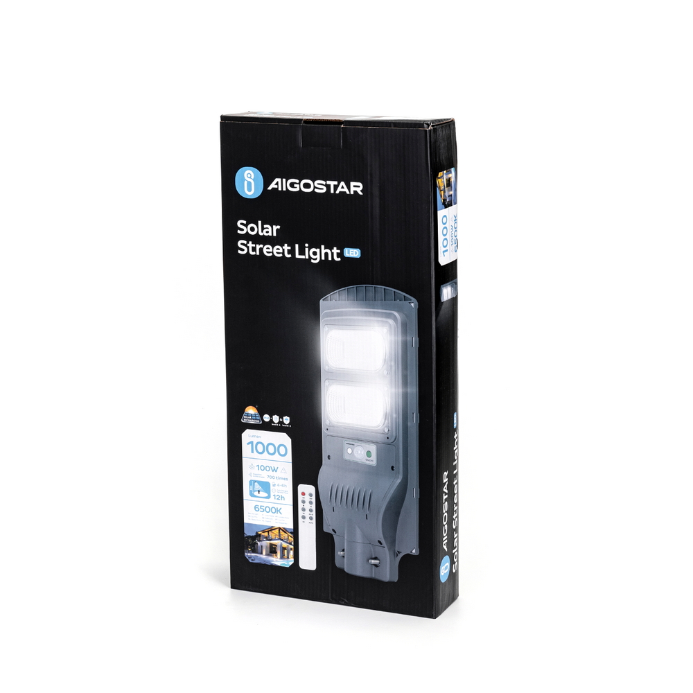 Lampione stradale Led 100W Grigio con pannello solare IP65 Bianco freddo 6500K con sensore crepuscolare e di movimento Aigostar - Foto 3