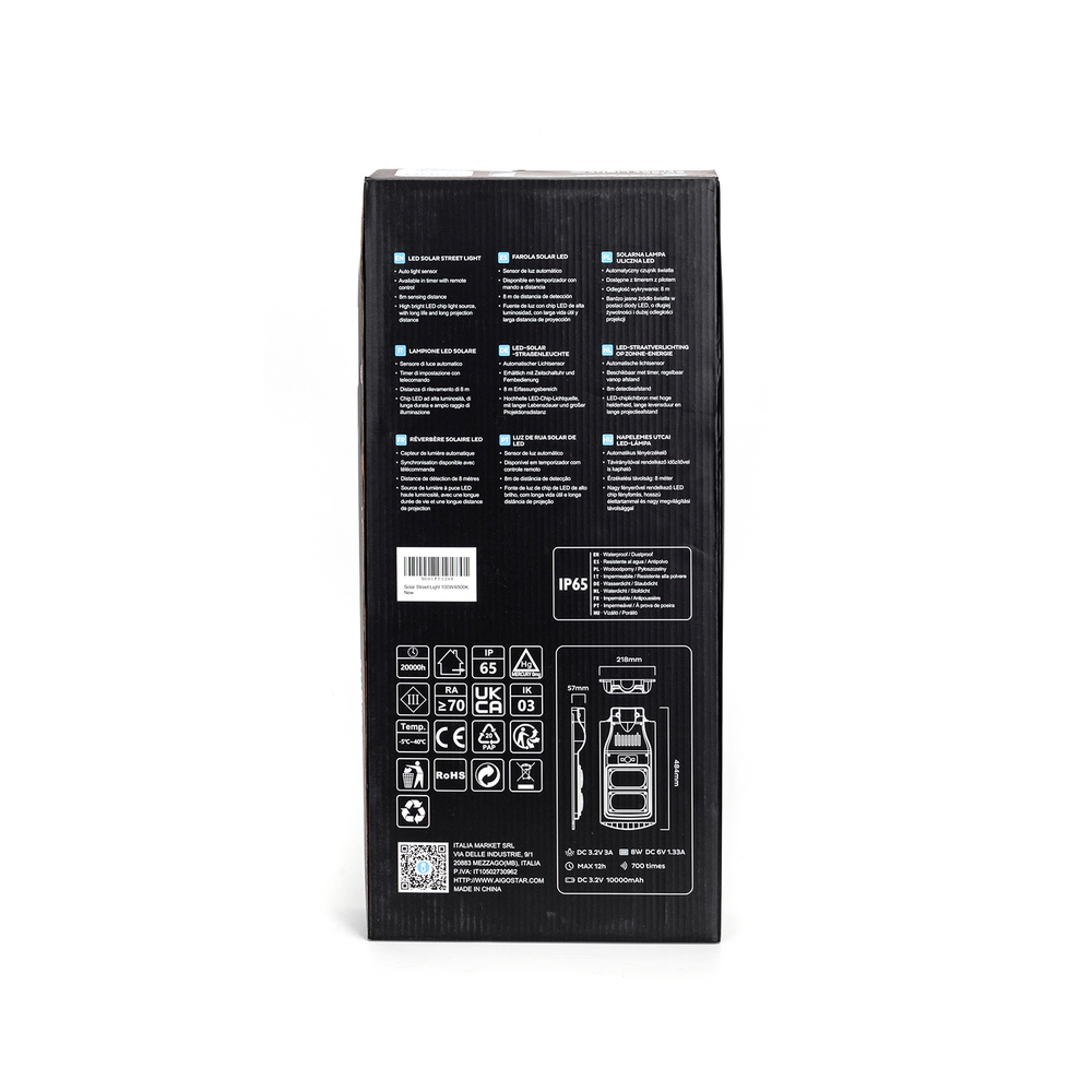 Lampione stradale Led 100W Grigio con pannello solare IP65 Bianco freddo 6500K con sensore crepuscolare e di movimento Aigostar - Foto 4