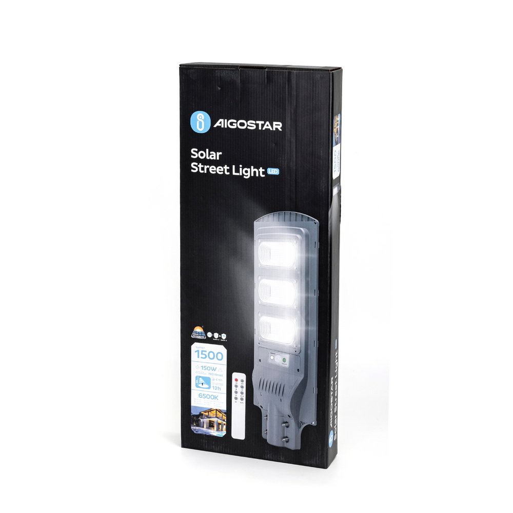 Lampione stradale Led 150W Grigio con pannello solare IP65 Bianco freddo 6500K con sensore crepuscolare e di movimento Aigostar - Foto 3