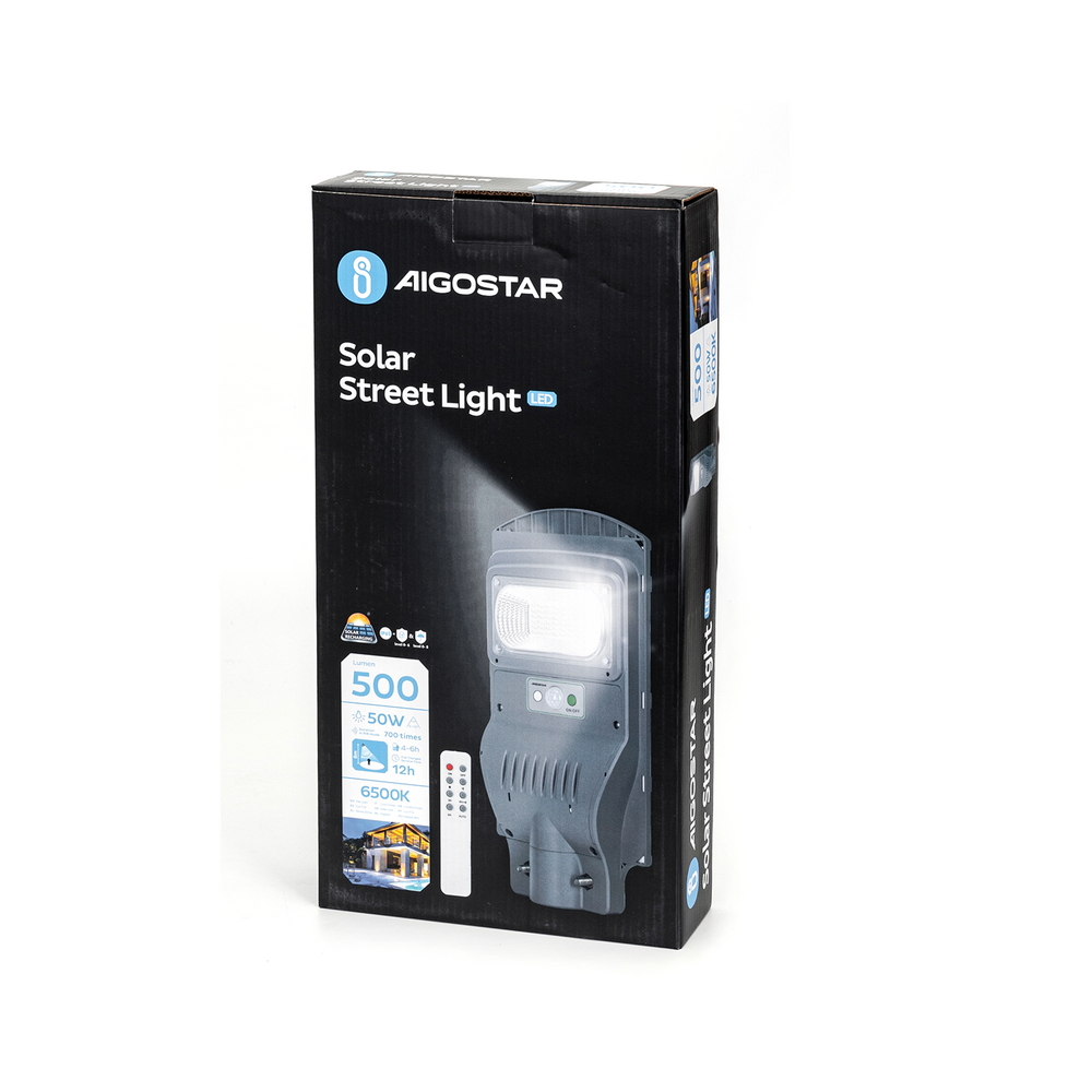 Lampione stradale Led 50W Grigio con pannello solare IP65 Bianco freddo 6500K con sensore crepuscolare e di movimento Aigostar - Foto 3
