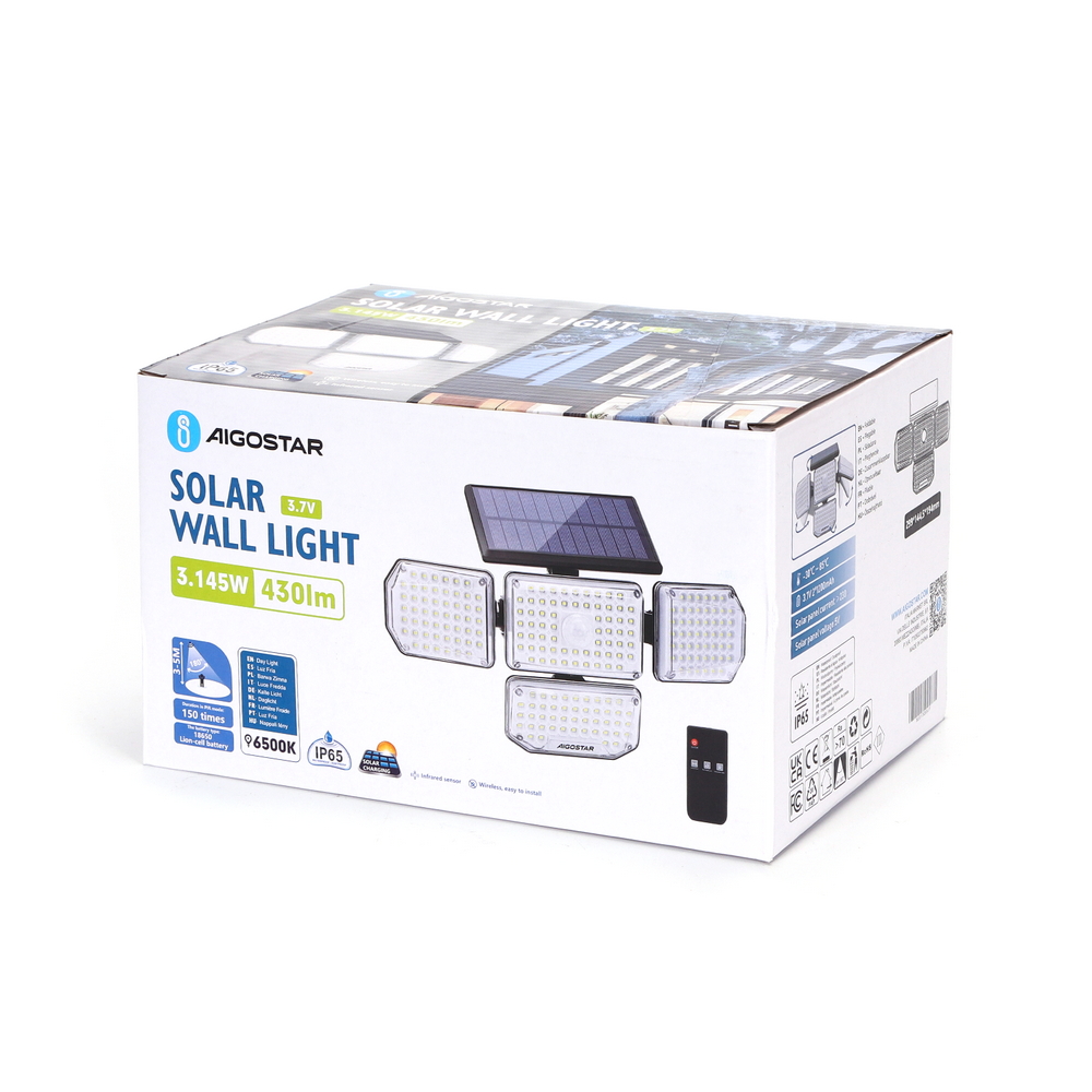 Faro Led con pannello solare 214 Led IP65 Bianco freddo 6500K faretti orientabili con telecomando sensore crepuscolare e di movimento Aigostar - Foto 5