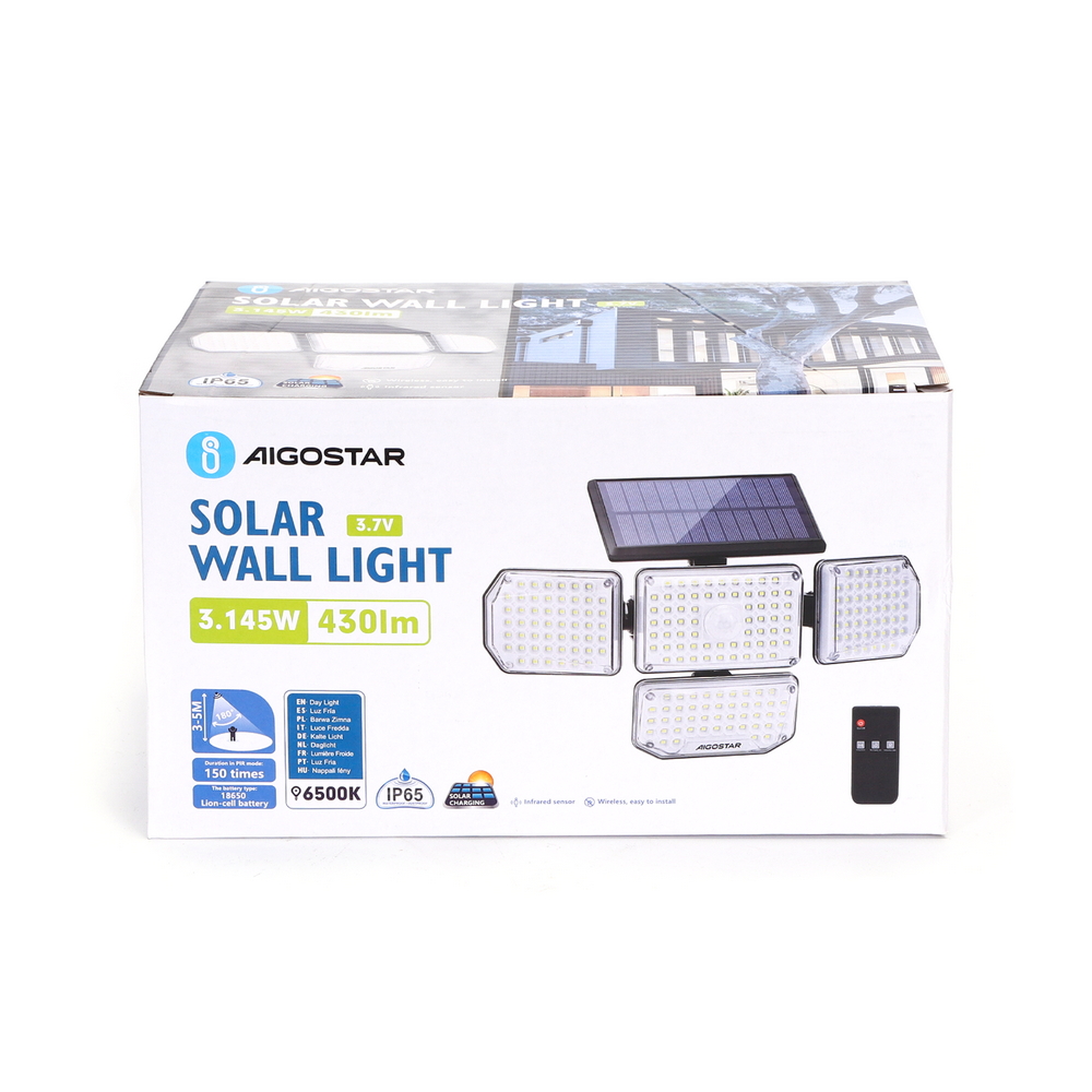 Faro Led con pannello solare 214 Led IP65 Bianco freddo 6500K faretti orientabili con telecomando sensore crepuscolare e di movimento Aigostar - Foto 6