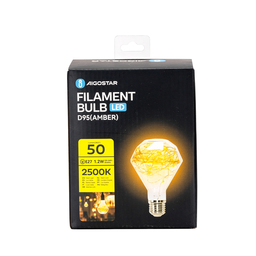 Lampadina Led Diamante Filo di rame E27 D95 1,2W decorativa Bianco caldo 2500K Aigostar - Foto 2