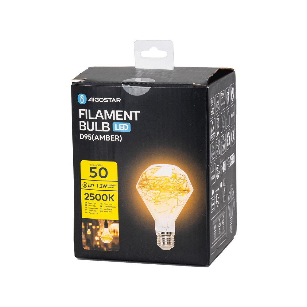 Lampadina Led Diamante Filo di rame E27 D95 1,2W decorativa Bianco caldo 2500K Aigostar - Foto 3