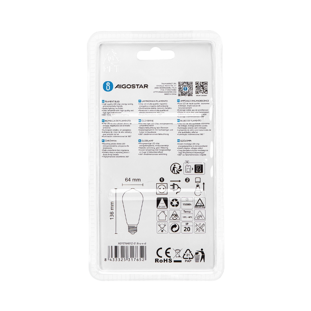 Lampadina Led Fuochi d’artificio E27 ST64 1,8W decorativa Bianco caldo 1800K Aigostar - Foto 5