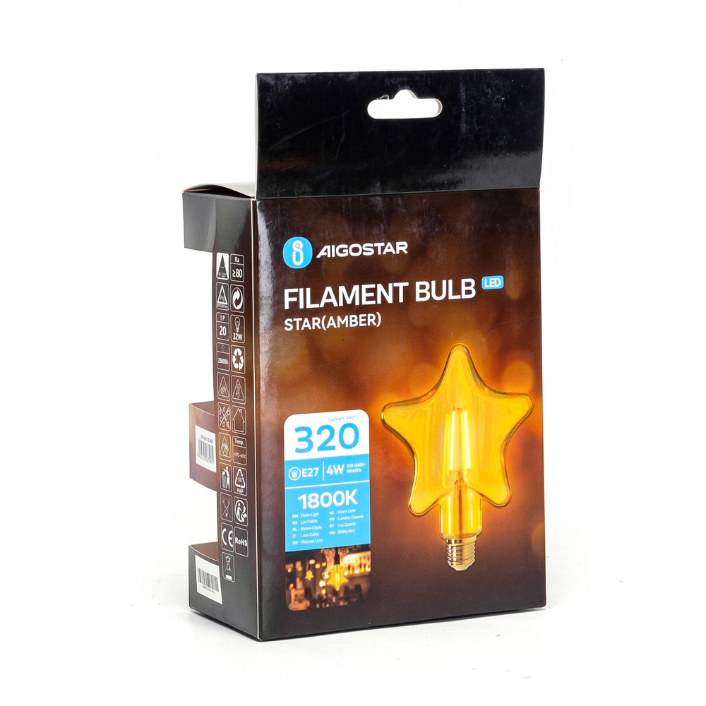 Lampadina Led Stella Vintage a Filamento E27 a 4W decorativa Bianco caldo 1800K Aigostar - Foto 3