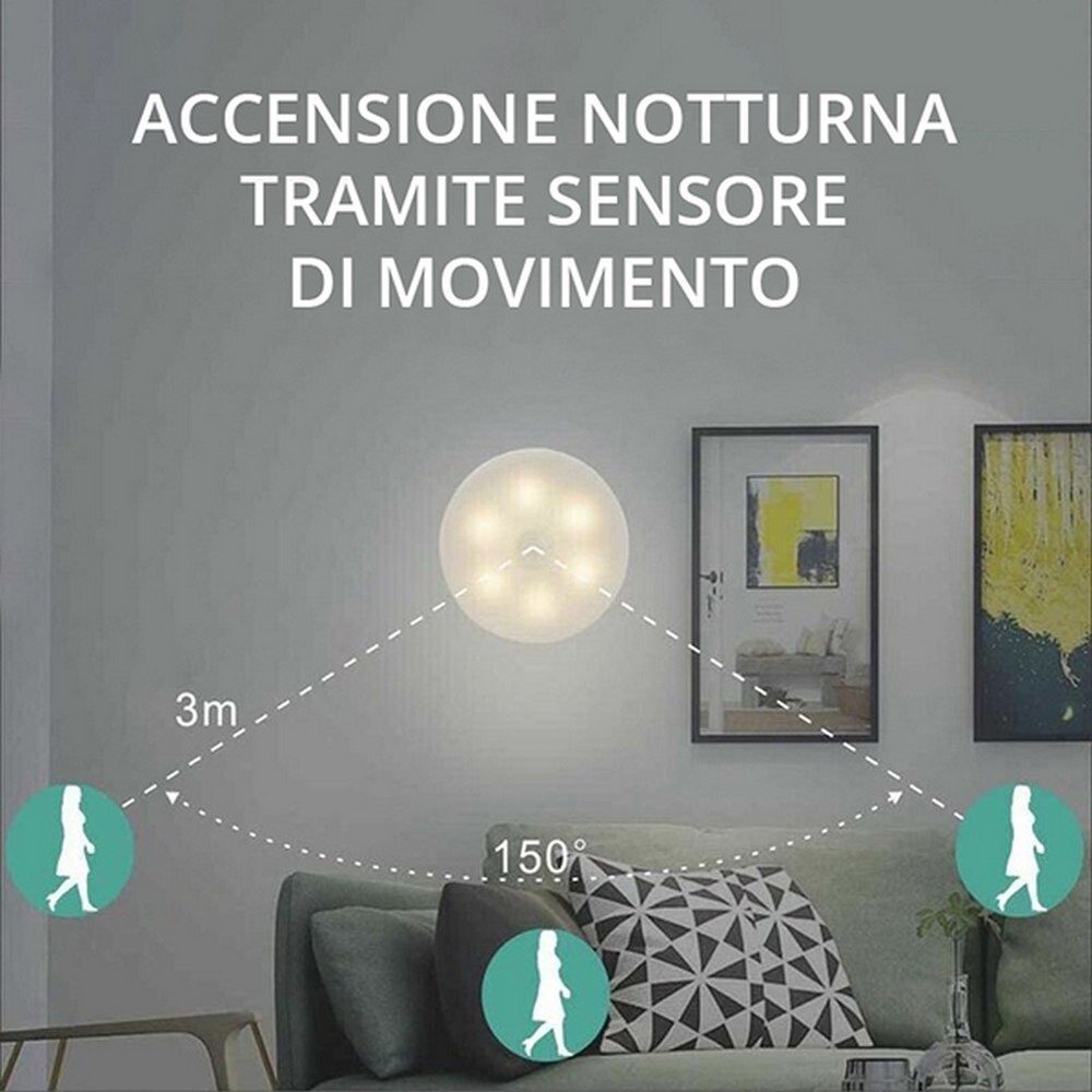 Lampada Led portatile Rotonda Bianca 3W 6 Led ricaricabile USB con sensore di movimento Bianco freddo 6000K M LEDME - Foto 3