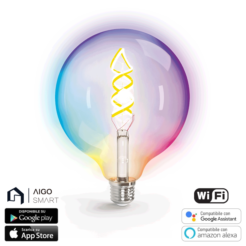 Foto principale Lampadina Led a Filamento Smart G125 E27 4,9W WiFi RGB + Bianco caldo 2700K luce regolabile e dimmerabile Aigostar