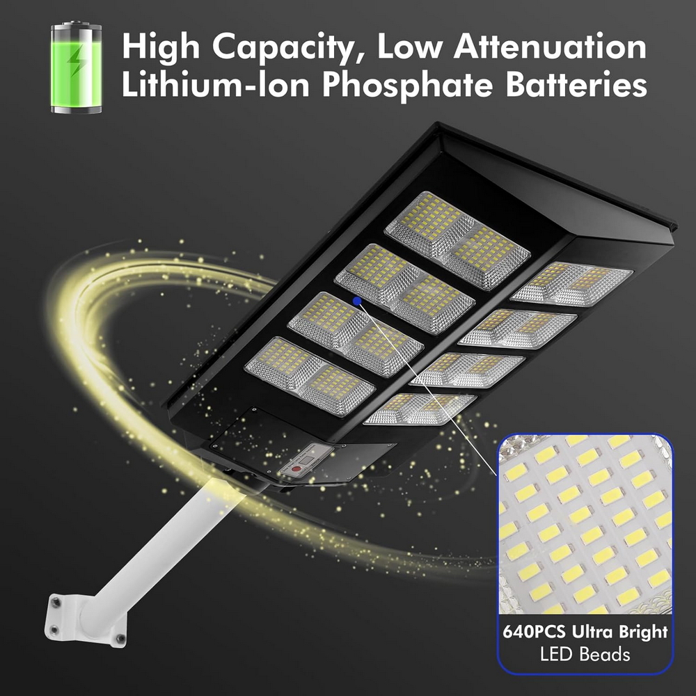 Lampione stradale Led 200W Nero con pannello solare IP66 Bianco freddo 6500K con sensore crepuscolare e di movimento Wisdom - Foto 1