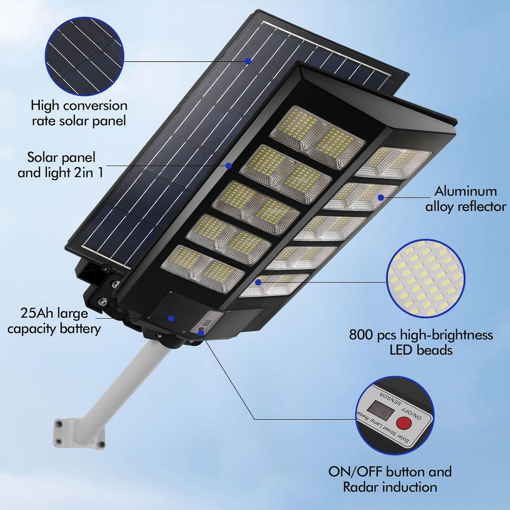 Lampione stradale Led 300W Nero con pannello solare IP66 Bianco freddo 6500K con sensore crepuscolare e di movimento Wisdom - Foto 1