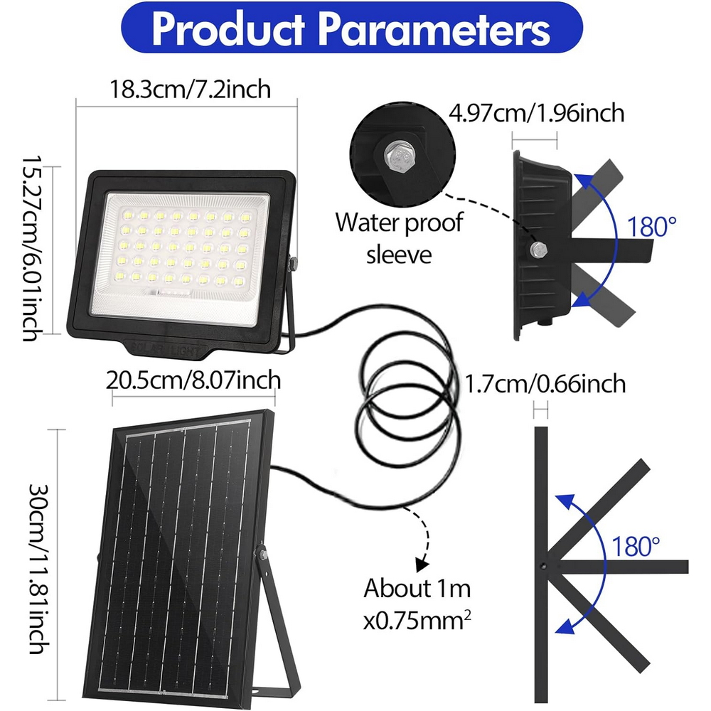 Faro Led 120W Nero con pannello solare IP66 Bianco freddo 6500K Dimmerabile con telecomando e sensore crepuscolare confezione da 2pz Wisdom - Foto 5
